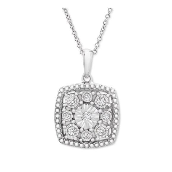 Diamond Cushion Cluster 18" Pendant Necklace (1/10 ct. t.w.) in Sterling Silver - Picture 1 of 5